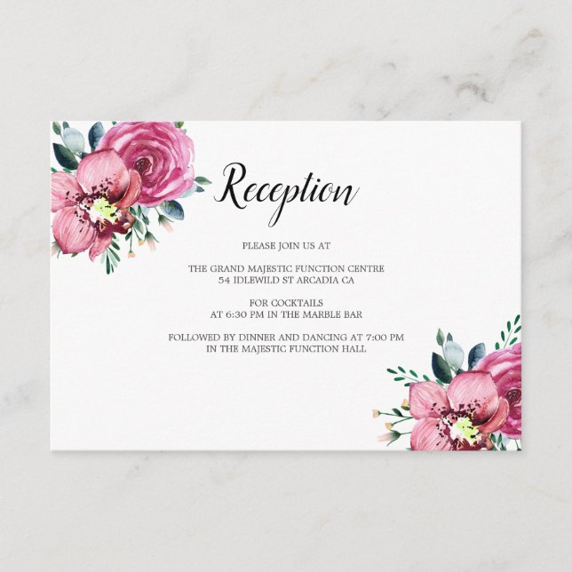 Pink Roses Orchids Floral Wedding Reception Enclosure Card (Front)