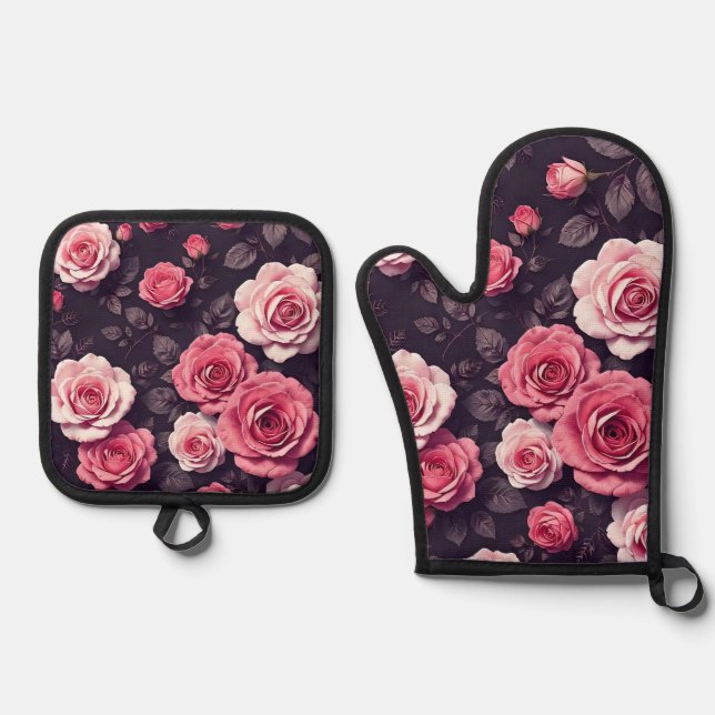 Pink Roses Oven Mitt & Pot Holder Set (Front)