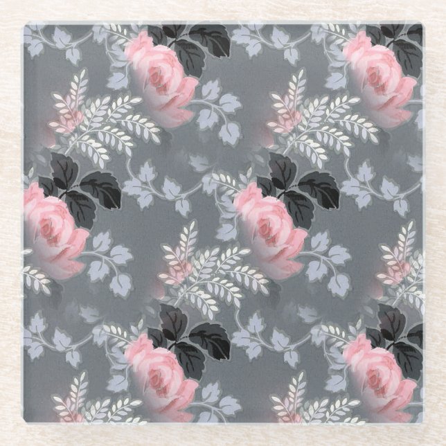 Pink Roses Over Grey Background Glass Coaster (Front)