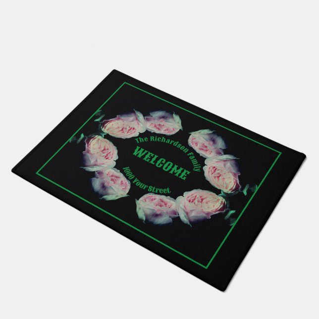 Pink Roses Pair Abstract Personalized Doormat (Angled)