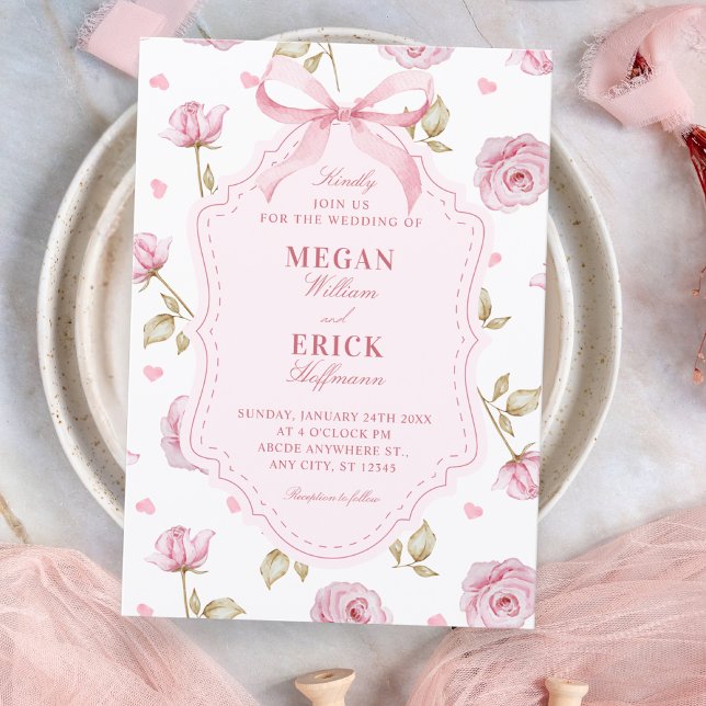 Pink roses pattern bow wedding invitation (Creator Uploaded)