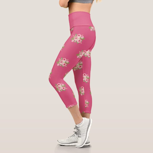 Pink Roses Pattern Capri Leggings (Left)