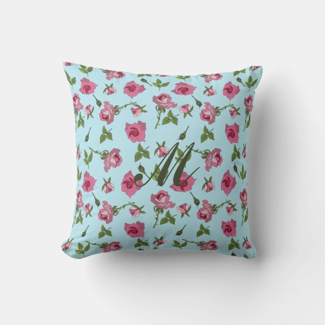 Pink roses pattern on blue monogram Throw Pillow (Front)