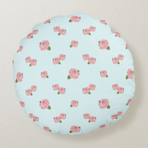 Pink Roses Pattern on Light Blue Round Pillow