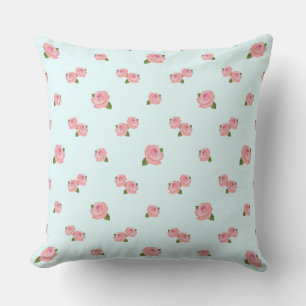 Pink Roses Pattern on Light Blue Throw Pillow