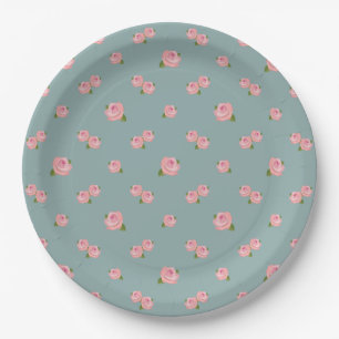 Pink Roses Pattern on Light Teal Paper Plate
