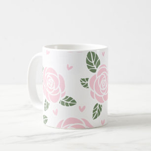 Pink Roses Pattern with Green Leaves and Hearts Coffee Mug