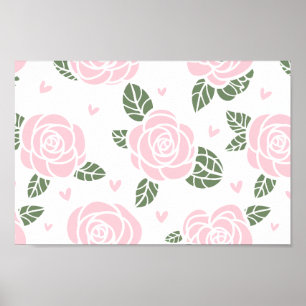 Pink Roses Pattern with Green Leaves and Hearts Poster