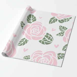 Pink Roses Pattern with Green Leaves and Hearts Wrapping Paper