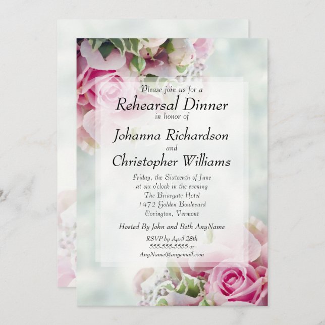 Pink Roses & Peonies Chic Wedding Rehearsal Dinner Invitation (Front/Back)