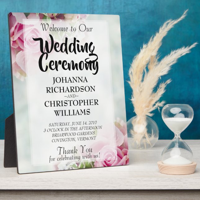 Pink Roses & Peony Buds Elegant Wedding Welcome Plaque (Side)