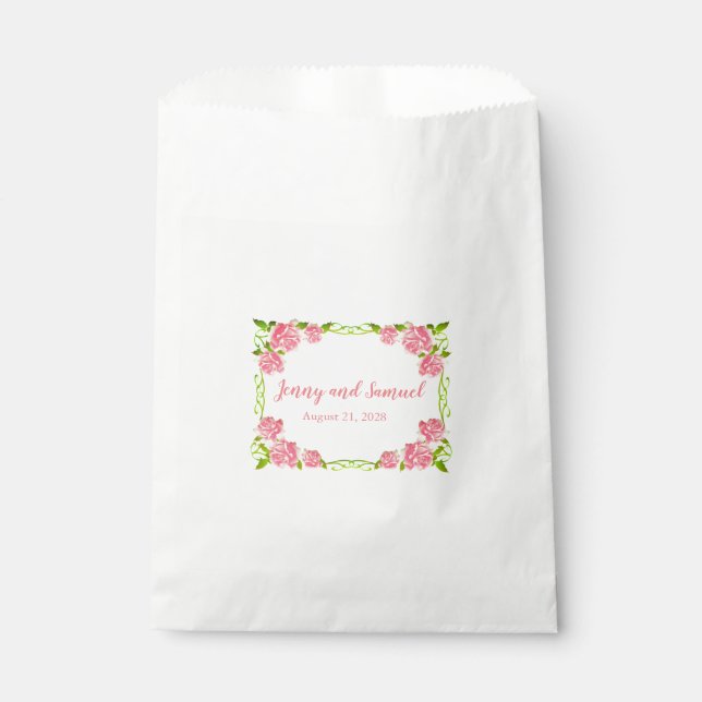 Pink Roses Personalized Wedding Cake Favour Bags (Front)