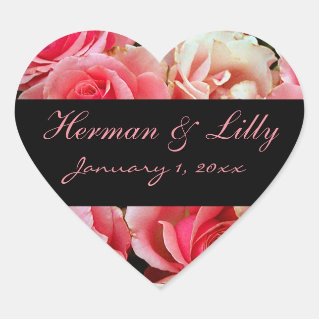 Pink Roses Personalized Wedding Heart Sticker (Front)