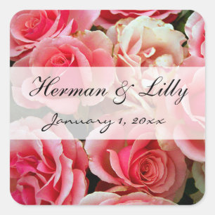 Pink Roses Personalized Wedding Square Sticker
