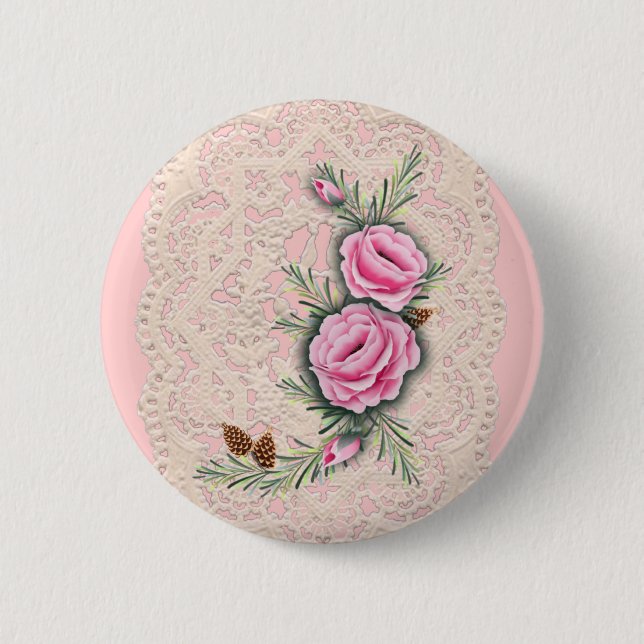 PINK ROSES & PINE by SHARON SHARPE 2 Inch Round Button (Front)