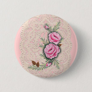 PINK ROSES & PINE by SHARON SHARPE 2 Inch Round Button