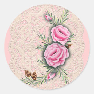 PINK ROSES & PINE by SHARON SHARPE Classic Round Sticker