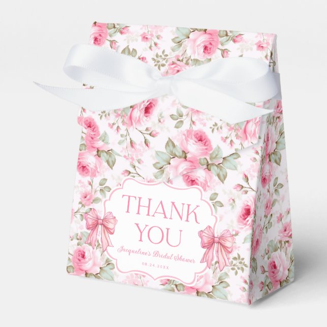 Pink Roses Pink Bow Bridal Shower Thank You Favor Box (Front Side)