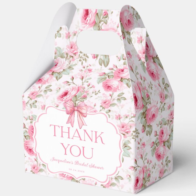 Pink Roses Pink Bow Bridal Shower Thank You Favor Box (Front)