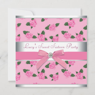 Pink Roses Pink Sweet 16 Birthday Party Invitation