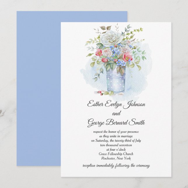 Pink Roses Poppies Blue Flowers Bouquet Wedding | Invitation (Front/Back)