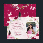 Pink Roses Princess Butterfly & Photo Quinceanera Save The Date<br><div class="desc">Let your friends and family know about your upcoming quinceanera with this beautiful save the date card. Features elegant script lettering and your photo with a bounty of pink roses,  gold glitter,  butterflies,  a tiara or crown and a princess in a fancy pink dress.</div>