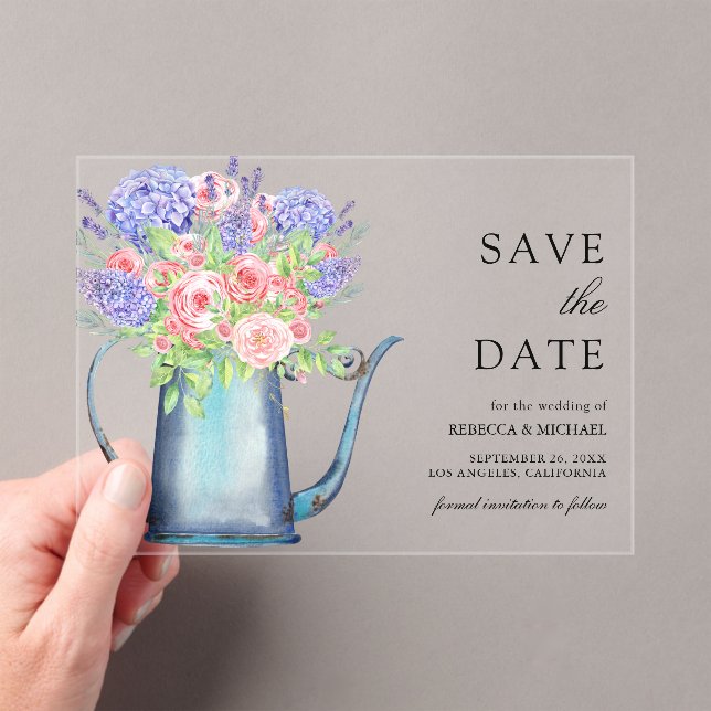 Pink Roses Purple Hydrangea Wedding Save the Date Acrylic Invitations (Insitu (Handheld))
