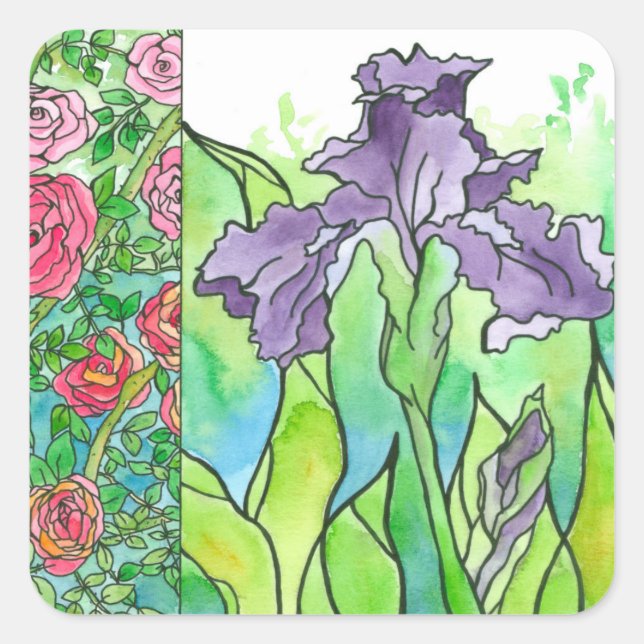 Pink Roses Purple Iris Watercolor Flowers Square Sticker (Front)