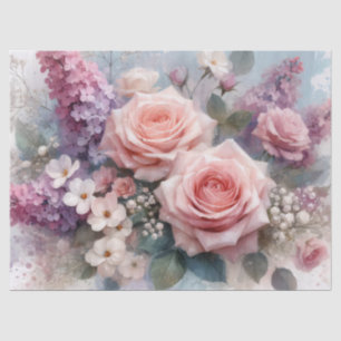 Pink Roses Purple Lilacs Watercolor Decoupage Tissue Paper