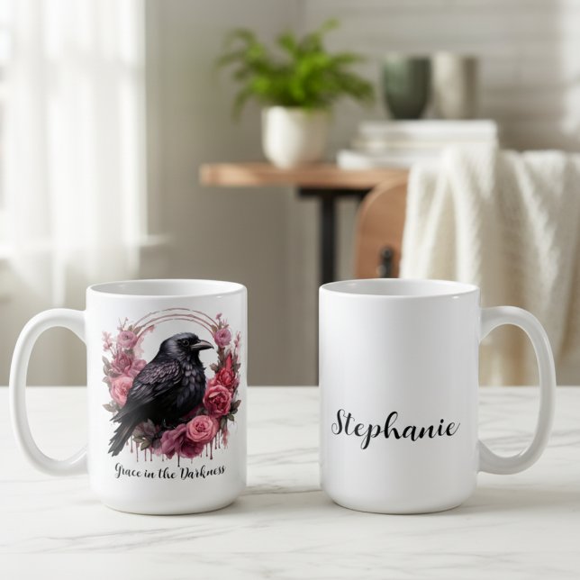 Pink Roses Raven Coffee Mug (Floral black raven personalized coffee mug)
