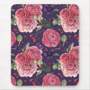 Pink Roses Romantic On Purple Pattern Mouse Pad