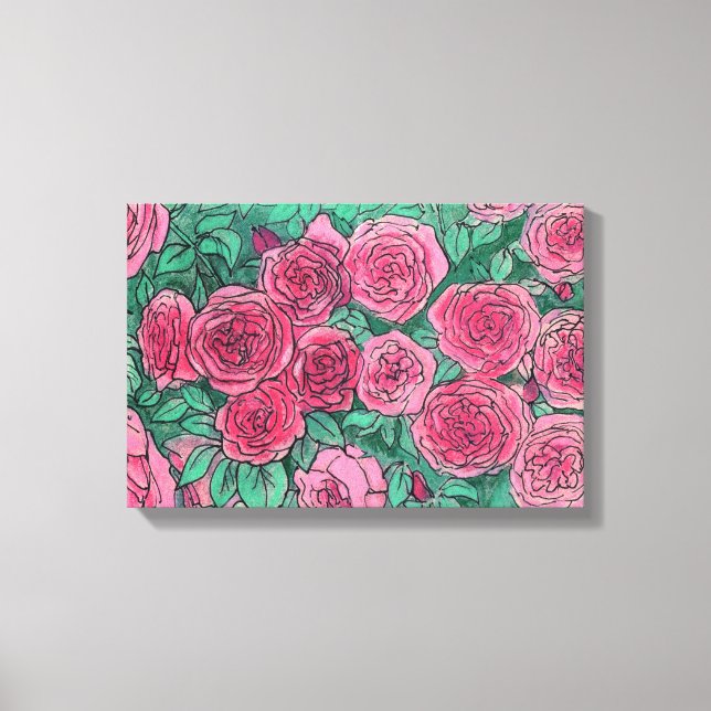 Pink Roses, Rose Flowers Garden Floral Art Sketch Canvas Print (Front)