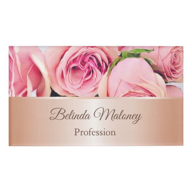 Pink Roses Rose Gold Name Tag (Front)