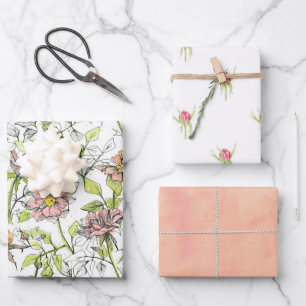 Pink Roses Rosebud Flowers Melon Orange Wrapping Paper Sheet