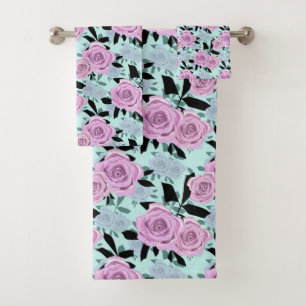 pink roses, roses , turquoise background bath towel set