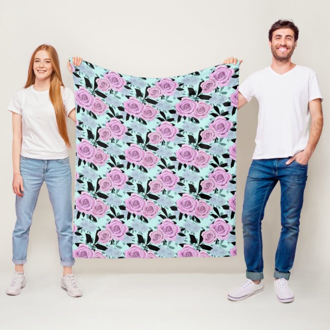  pink roses, roses , turquoise background   fleece blanket (In Situ)