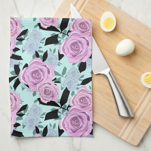  pink roses, roses , turquoise background   kitchen towel (Quarter Fold)