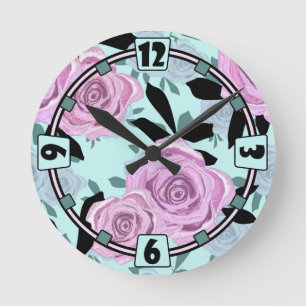 pink roses, roses , turquoise background round clock