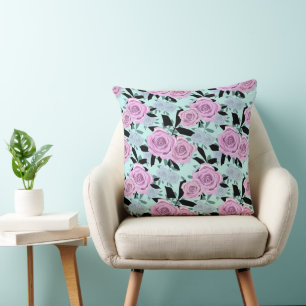pink roses, roses , turquoise background throw pillow