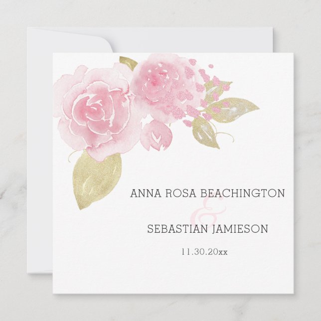 ** Pink Roses - RSVP QR  Gold Floral AR15 Wedding Invitation (Front)