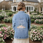 Pink Roses Rustic Boho Bridesmaid Wedding Gift Denim Jacket<br><div class="desc">This denim jacket is designed as a thank you gift for the bridesmaids at your wedding. It features a lovely hand painted watercolor design with a cluster of roses and blossoms in shades of blush pink, coral, and dusty rose, with eucalyptus leaves, garden greenery, and a white satin bow. The...</div>