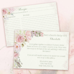 Pink Roses Sage Green Bridal Shower Recipe Enclosure Card