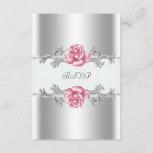 Pink Roses Silver 25th Wedding Anniversary RSVP Card