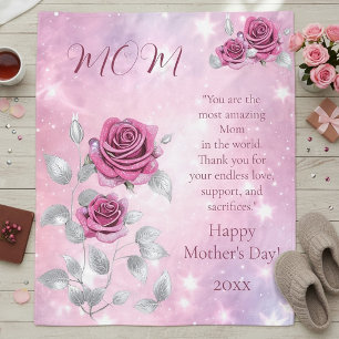 Pink Roses Silver Leaves Sparkling Mom's Fleece Blanket