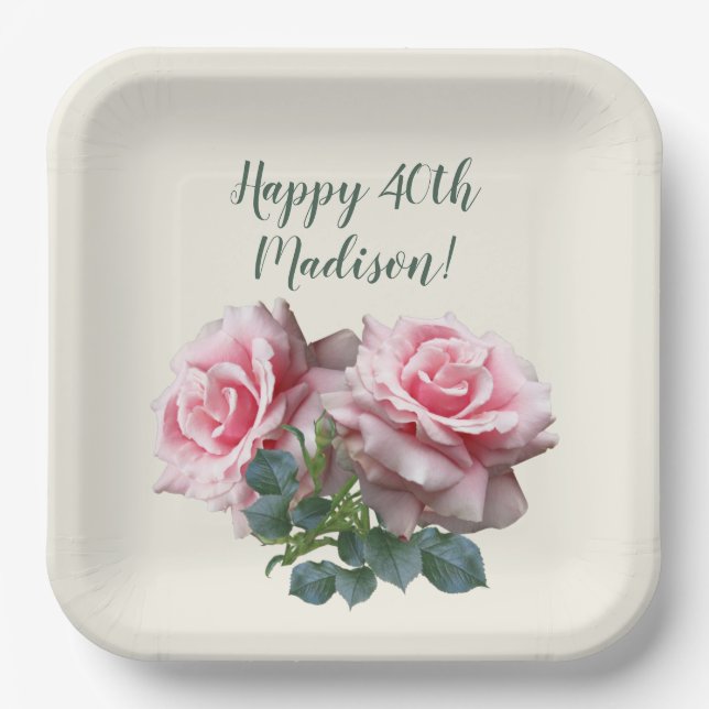 Pink Roses Special Birthday Party for Her Paper Plate (Front)