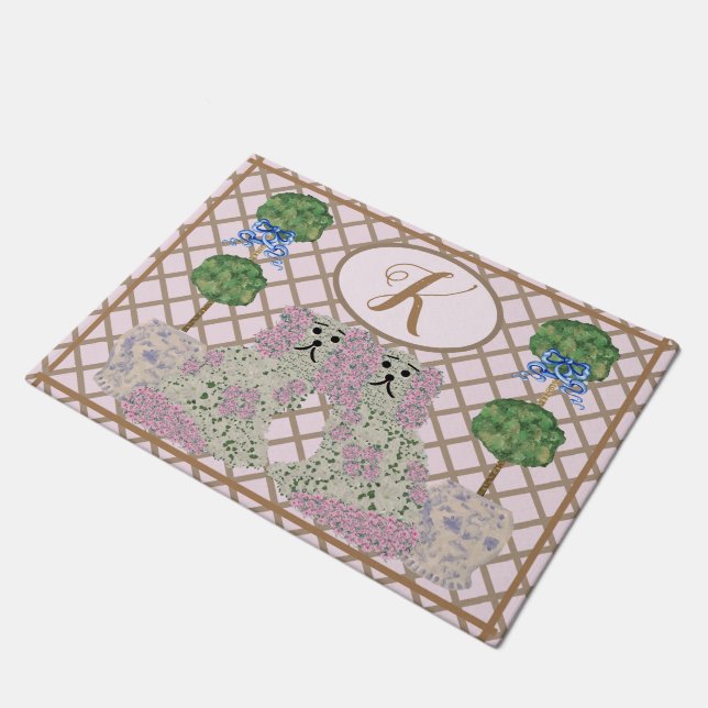 Pink Roses Staffordshire Dogs Topiary  Doormat (Angled)