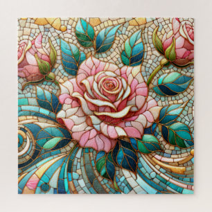 Pink Roses Stained Glass Mosaic Jigsaw Puzzle