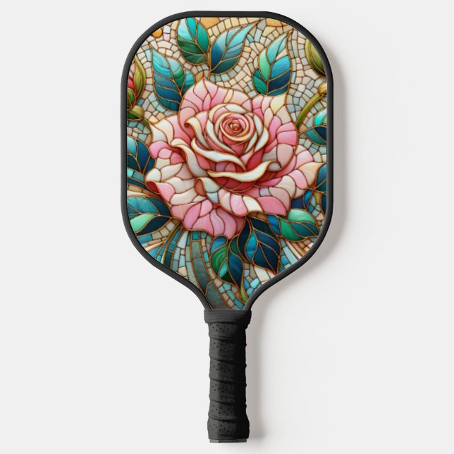 Pink Roses Stained Glass Mosaic Pickleball Paddle (Front)