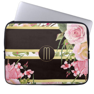 Pink Roses Stripe Pattern Monogram Laptop Sleeve