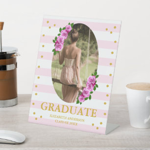 Pink Roses Striped Graduation Brunch Pedestal Sign